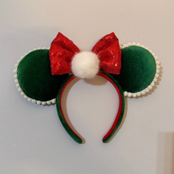 Disney Parks Christmas Pom Pom BowGreen Velvet Minnie Ears Headband - Picture 2 of 7